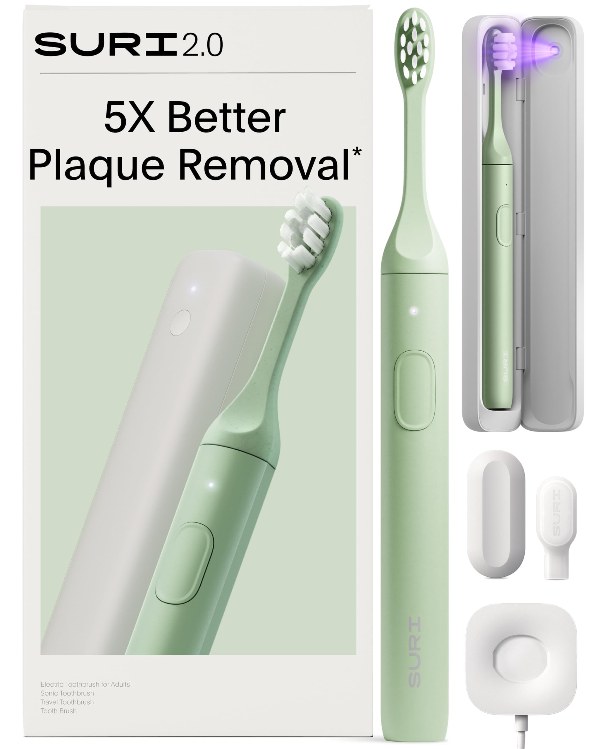 SURI 2.0 New Sonic Electric Toothbrush with Pressure Sensor & UV-Cleaning Travel Case | 1 Month+ Battery | Electric Toothbrush for Adults | Travel Toothbrushes | Tooth Brush | Green