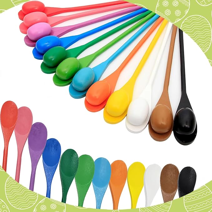 24 Wooden Easter Eggs and 24 Wooden Spoon Race Game Set, 24 Sets, Multi-Player Carnival Game for Kids & Family Activity Holiday Outdoor Yard Easter Egg Hunt Birthday Party Lawn Games