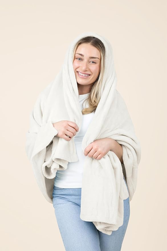 EverSnug Travel Blanket and Pillow - Ultra-Soft, Compact & Lightweight, 65x40 Inches, with Carry Case, Luggage Sleeve & Backpack Clip for Airplane Comfort (Off-White)