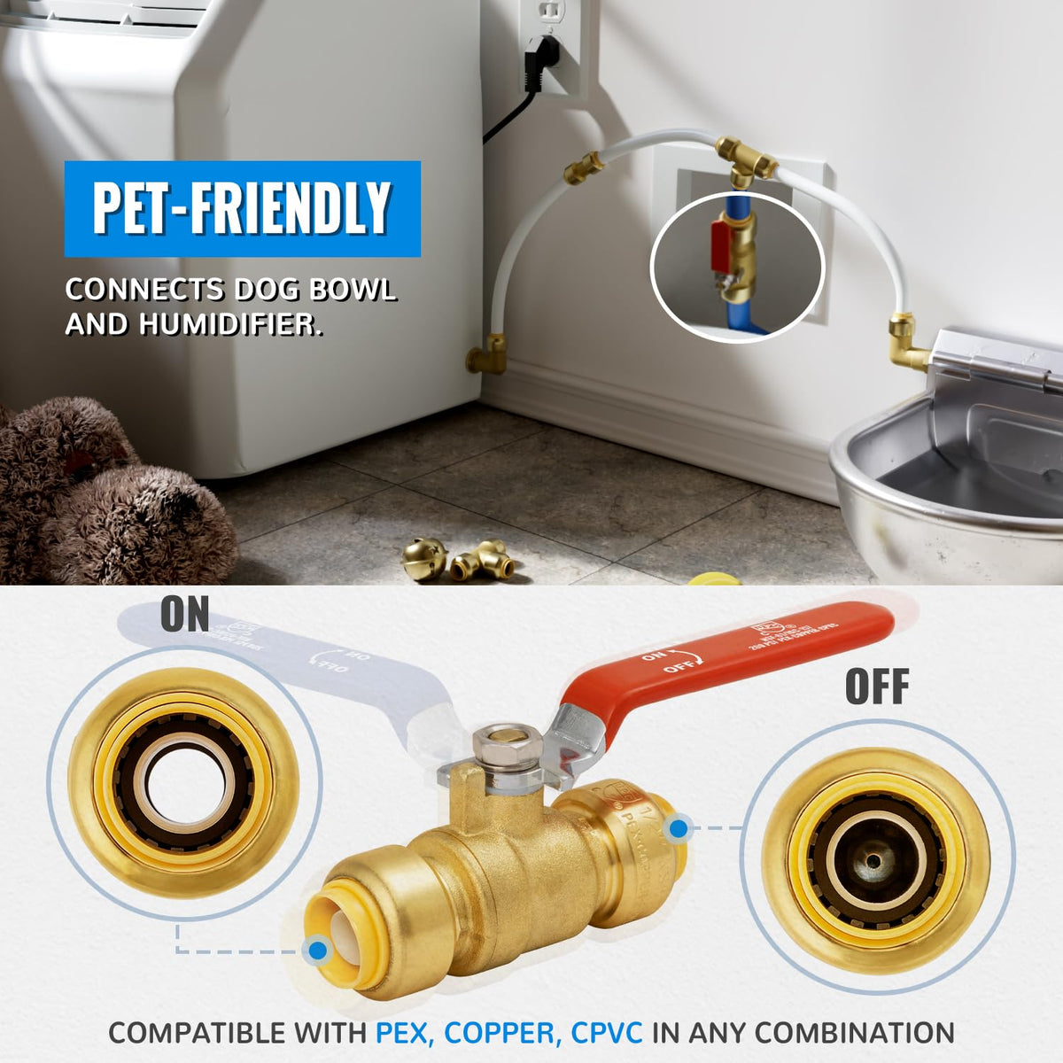 Shut Off Ball Valve 1/2 Inch, SUNGATOR 1/2 Inch Ball Valve, Push-to-Connect Water Shutoff, Easily Match to Pipe using Red and Blue Handle, No Lead Brass Fittings for PEX Pipe, Copper, CPVC, Pack of 2