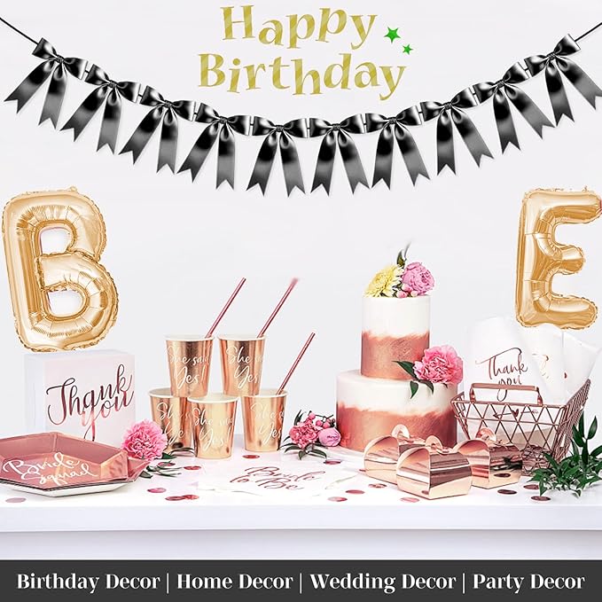 Black Bow Garland Bow Banner Bow Party Decorations Pre-Strung Large Coquette Satin Ribbon for Birthday Bachelorette Party Bridal Shower Wedding Engagement Baby Shower