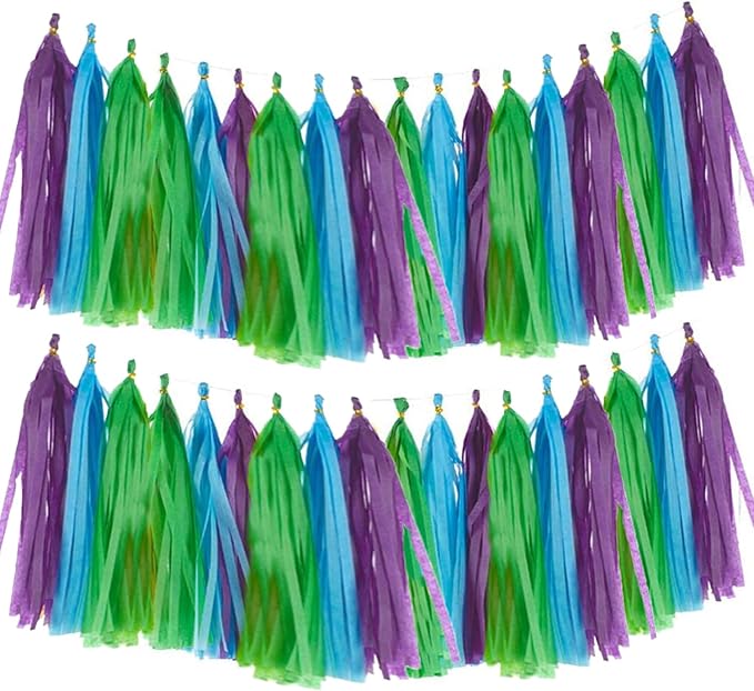 Blue Green and Purple Birthday Decorations,Paper Tissue Tassel Garland Banner for Party Decorations,Pack of 15