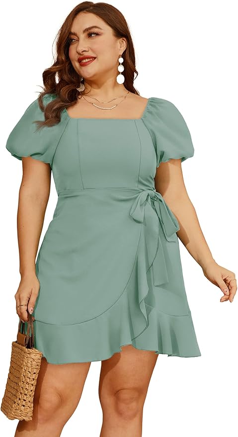 Sampeel Womens Summer Dresses Square Neck Puff Sleeve Tie Waist Short Dress