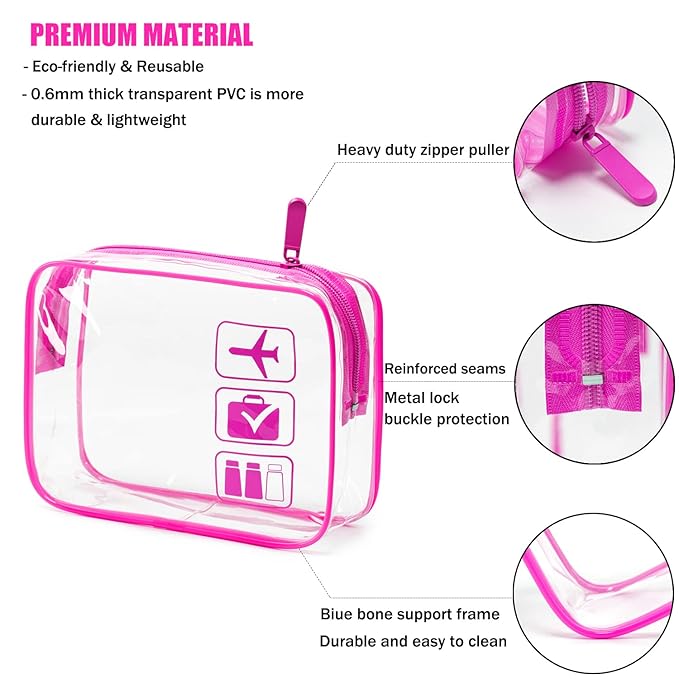 MODENGKONGJIAN TSA Approved Toiletry Bag, 3 Pcs Clear Toiletries Bags Quart Size Travel Makeup Cosmetic Bag for Women Men, Carry on Airport Airline Compliant Bag (Rose Red)