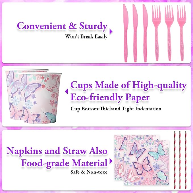 Pink Butterfly Birthday Party Supplies Tableware Sets,Includes Disposable Plates, Napkins, Cups,Straws,Cutlery, Balloons, Banner, and Tablecloth for Party Baby Shower Birthday Decorations,Serves 20