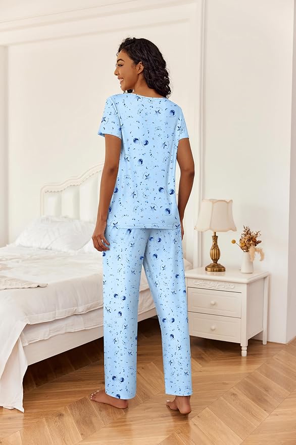 Ekouaer 2 Piece Womens Pajamas V Neck Short Sleeve Top and Long Pants Pjs Print Lounge Set Sleepwear