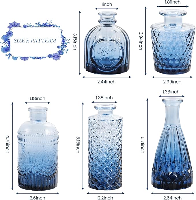 Navy Blue Glass Bud Vases Set of 5, Mini Flower Vase for Centerpieces, Small Clear Vases in Bulk for Wedding Decorations, Vintage Vase for Table, Graduation, Home Décor