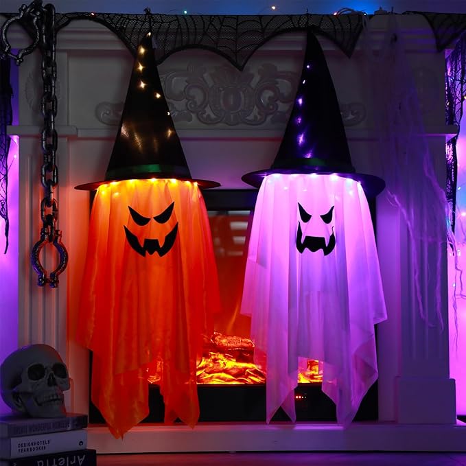BokingOne Halloween Decoration 2 Pcs Large Halloween Lighted Glowing Ghost Witch Hats, Hanging Ghost Ornaments for Indoor Outdoor Home, Garden, Tree, Yard Party Decor
