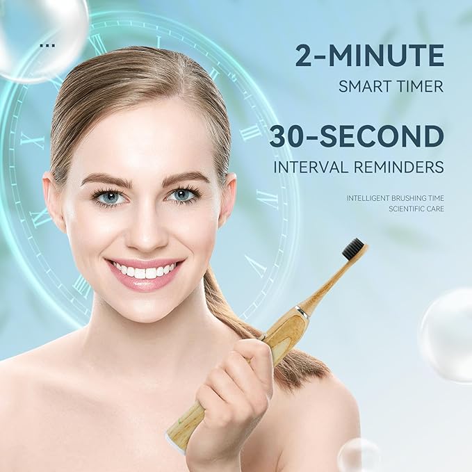 Bamboo Electric Toothbrush, Sonic Electric Bamboo Toothbrush for Adults, IPX7 Waterproof Rechargeable Toothbrush, 5 Cleaning Modes, 4 Bamboo Brush Heads Soft Bristle