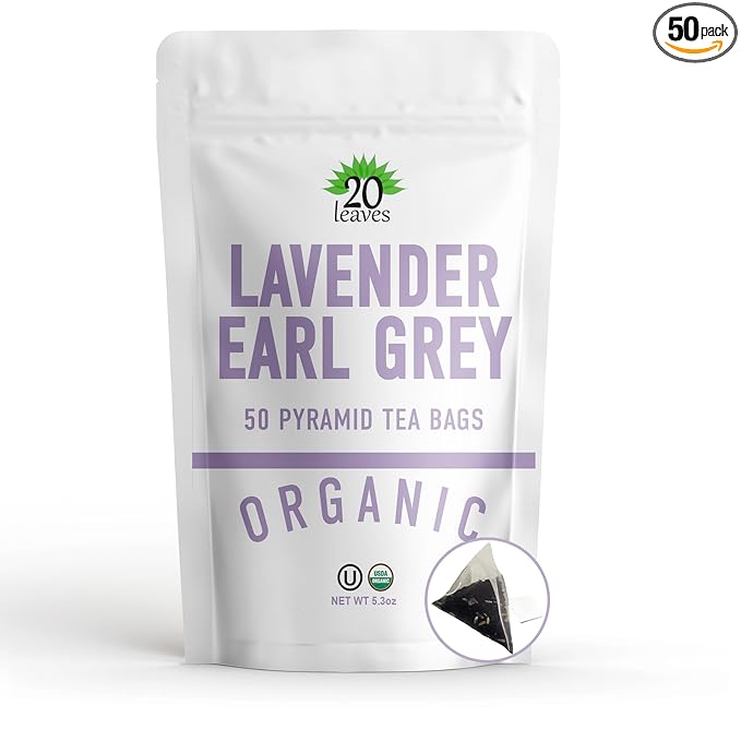 Lavender Earl Grey Black Tea - 100% Certified Organic - 50 Pyramid Tea Bags Sachets in a Resealable Bag