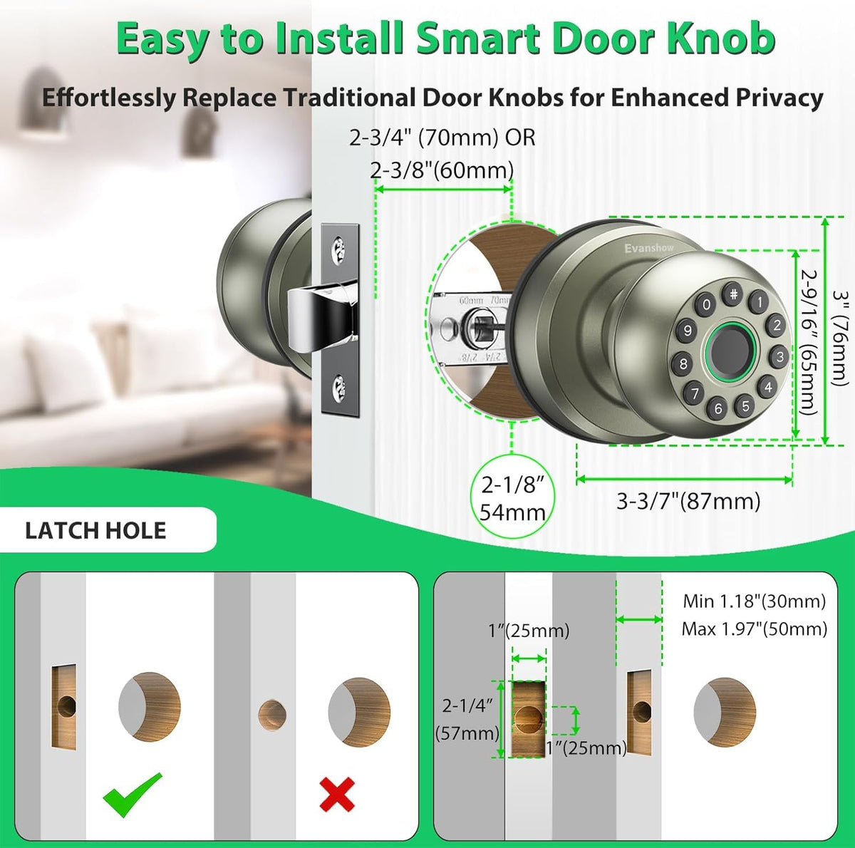 Smart Door Knob Fingerprint Door Lock 4-in-1 Keyless Entry (Fingerprint/App/Code/Key) with Auto-Lock Easy Install for Home/Bedroom/Office-Silver