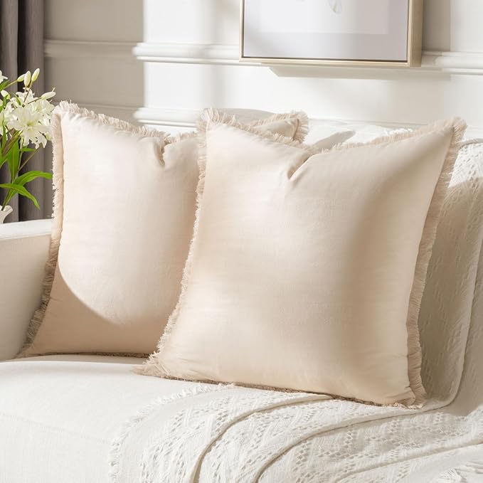 FUTEI Beige Velvet Decorative Throw Pillow Covers 22x22 Set of 2,Soft Cozy Edge with Tassels Cushion Case,Boho Modern Home Decor for Couch Bed Living Room