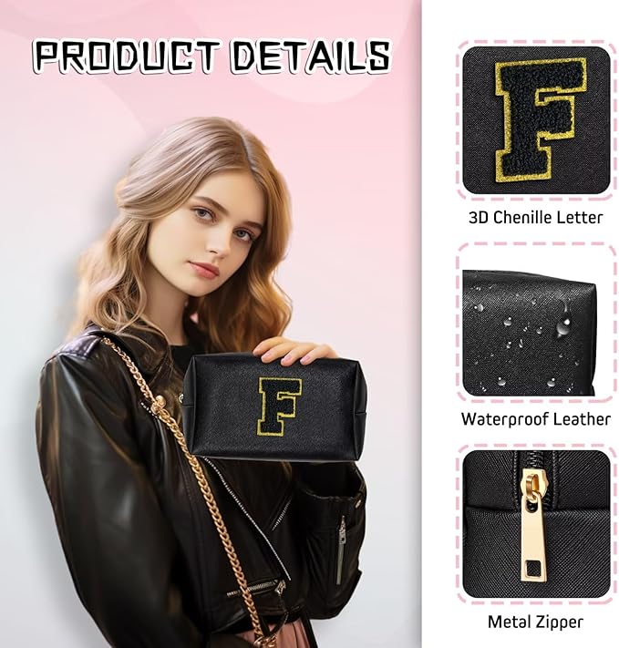 TOPEAST Initial Makeup Bags for Women, Personalized Portable Cosmetic Bag for Travel, Cute Makeup Pouch, PU Leather Waterproof Toiletry Bag, Preppy Things for Girl (Black V)