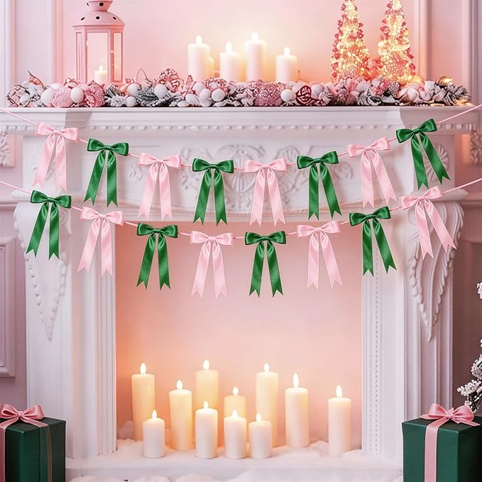 2 Strings Pink & Green Bow Garland Banner Decorations, 16Pcs Pre-Strung Satin Ribbon with 6.7ft Chain for Girls Ribbon Bow Banner Coquette Room Birthday Baby Shower Bachelorette Wedding Party Decor