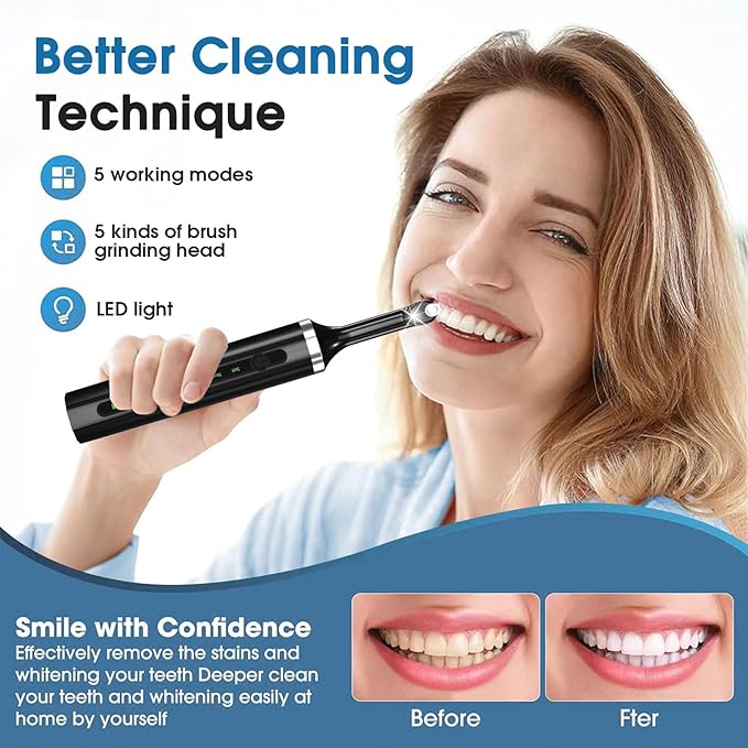 Plaque for Teeth Whitening Tools Electric Tartar Polishing Cleaning Kit with LED Light 5 Speed Modes with 5 Replacement Brush Heads (Black)