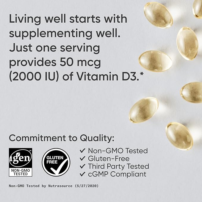 Sports Research Vitamin D3 2000 IU with Coconut MCT Oil - Double Strength Vitamin D Supplement - Non-GMO Verified, Gluten & Soy Free – 50mcg, 360 Liquid Softgels