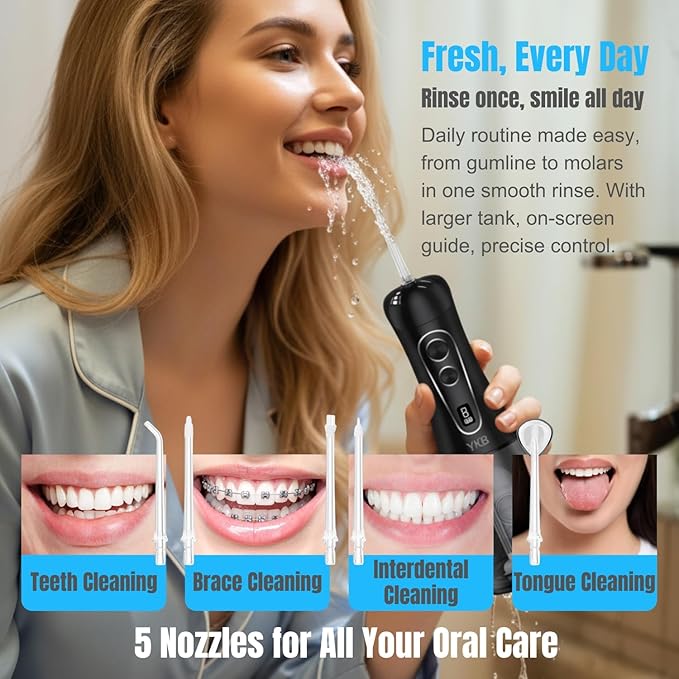 YKB Water Flosser for Teeth, 400ml 8 Modes Portable Water Flosser Cordless with Digital Display, Travel Water Oral Irrigator for Teeth Cleaning & Oral Care Rechargeable IPX7 Waterproof (Black)