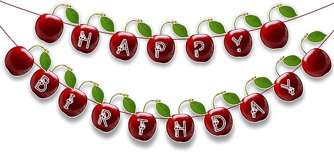 Cherry Happy Birthday Banner – Fruit-Themed Birthday Decoration Banner for Indoor Party Setup, Wall Hanging Display, Dessert Table Background, Photo Booth Backdrop, and Creative Birthday