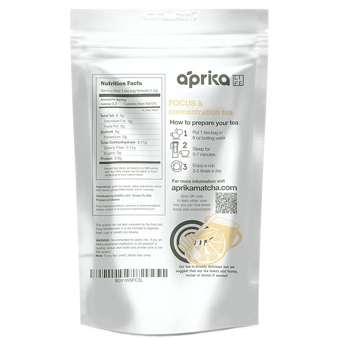 AprikaLife - Focus and Concentration Herbal Tea 100% Natural Herbal Tea Created by Herbalists - Yerba-Mate, Lemon Balm, Ginko Biloba, Thyme, Rosemary. Improves Attention & Energy – 60 Bags