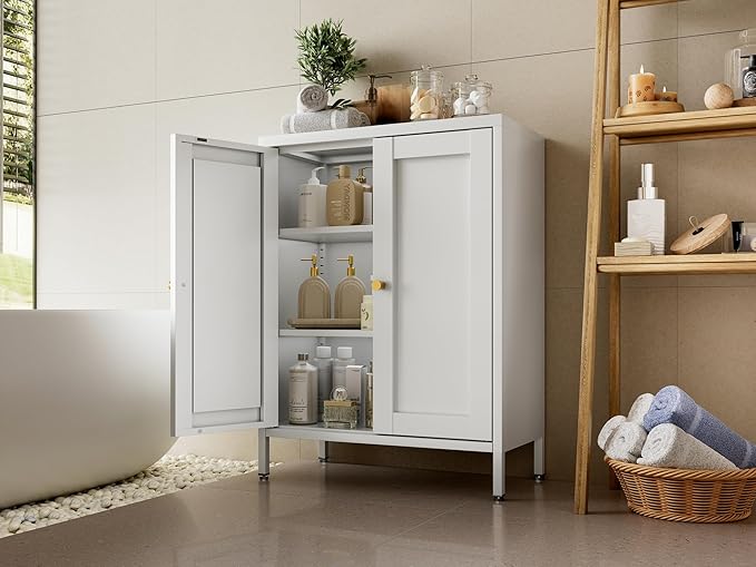 31.5"H Metal Bathroom Cabinet,Short Bathroom Storage Cabinet with Doors,Floor Locker,White Small Cabinets with 2 Adjustable Shelves & 4 Doors,Pantry Food Cabinet for Hallway,Home Office, Kitchen