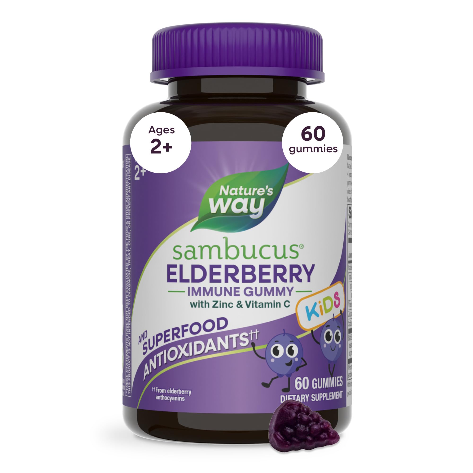 Nature's Way Sambucus Kids Elderberry Immune Gummies with Black Elderberry Extract, Daily Immune Support Gummy with Vitamin C and Zinc for Children Ages 2+*, 60 Gummies