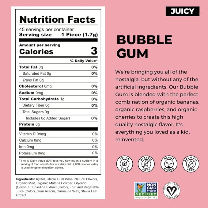 Refresh Gum, Xylitol, Sugar Free, Natural, Chewing Gum, Natural Flavors & Organic Ingredients, Plant-Based, Plastic Free, Non GMO, Gluten Free, Vegan, Bubble Gum Flavor, 12 Pcs, 12 Pack