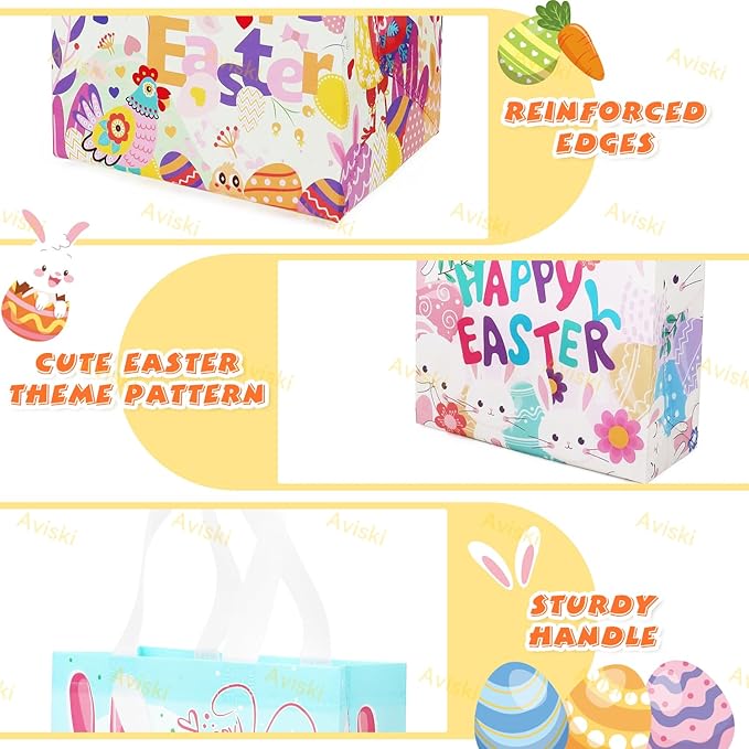 Aviski 12PCS Happy Easter Egg Hunt Bags Assorted Sizes Bunny Carrot Chick Egg Gift Bag with Handles, Easter Treat Bags, Non-Woven Gifts Wrapping, Spring Party Supplies