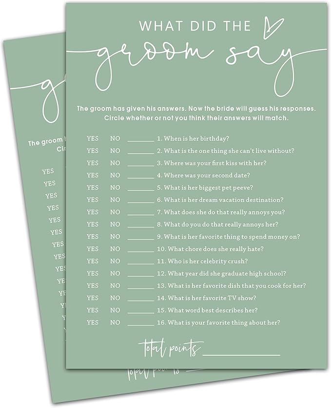 What Did The Groom Say Cards, Sea Green Bridal Shower Games, 30 Elegant Wedding Game for Bachelorette Engagement Party Reception Supplies - A10