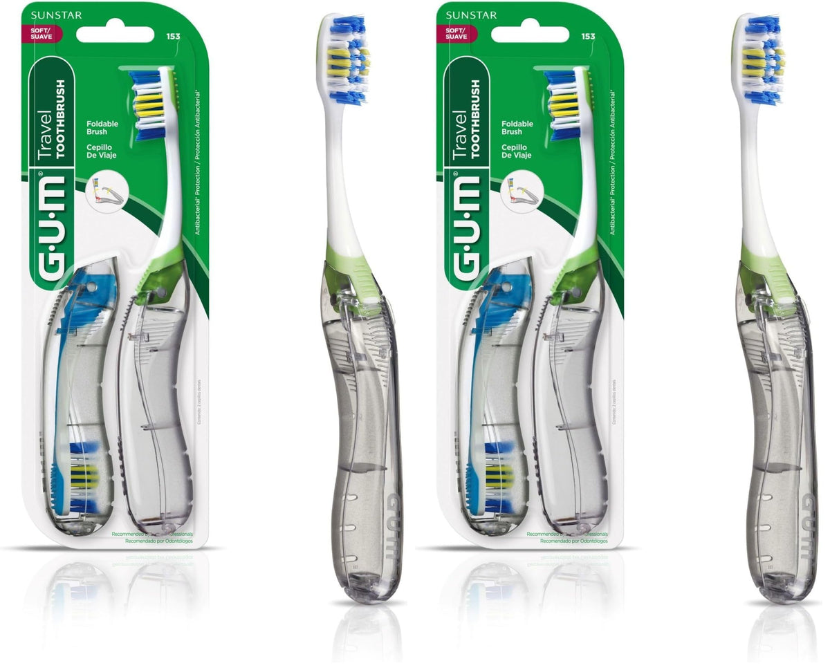 GUM Folding Travel Toothbrush, Compact Head + Tongue Cleaner, Soft Bristled Travel Toothbrushes for Adults, 2ct (Pack of 2)