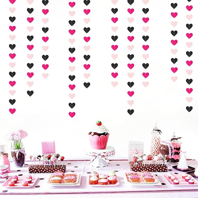 Hot-Pink Black Birthday Party-Decorations Streamers - 62FT Baby Girls Hanging Heart Garland Banner,Valentines Wedding Baby Bridal Shower Bachelorette Graduation Backdrop Decor Hugtmr