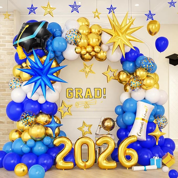 Blue and Gold Graduation Balloon Arch Kit 2026 Graduation Decorations, Gold Number 2026 Balloons with Explosion Star Diploma Grad Cap Foil Balloon for College High School Class of 2026 Graduate Party
