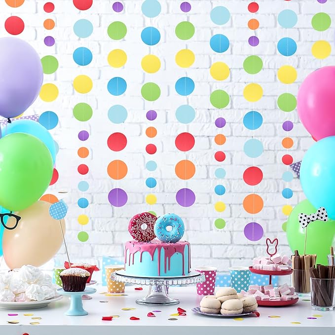5 Pcs Colored Garland Glitter Colorful Circle Dots Garland, PLULON 65 Ft Hanging Paper Polka Dot Streamer Backdrop Banner for Party Decor Birthday Baby Shower Classroom Stitch Party Supplies