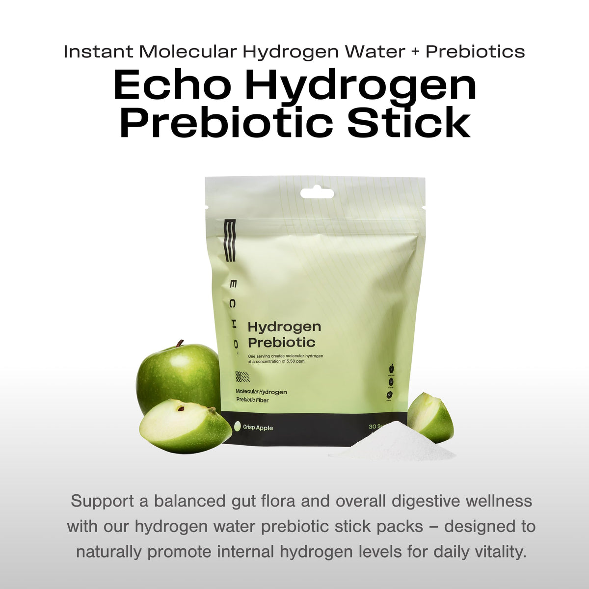 Echo Molecular Hydrogen Drink Mix - 16 PPM - On-The-Go Gut Health Mix for Instant Hydrogen Water with Magnesium + Prebiotic Fiber - Crisp Apple Flavor - 30 Count