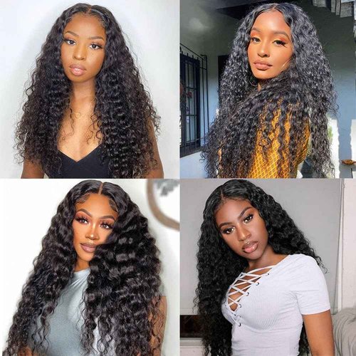 Deep Wave Bundles Human Hair 3 Bundles 12A Brazilian Virgin Human Hair Deep Curly Wave Extensions 100% Unprocessed Human Hair Weave Bundles Natural Black Color 12 14 16 Inch