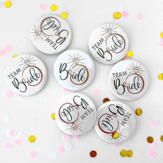 BrideTeam Bride Buttons Pins,Wedding Party Bride Shower Tinplate Badge Pin Bridesmaid Group Button Bachelorette Gift Decorating Accessory Set of 6 White Engagemnet Ring Rose Gold bride Squad 2.3Inch