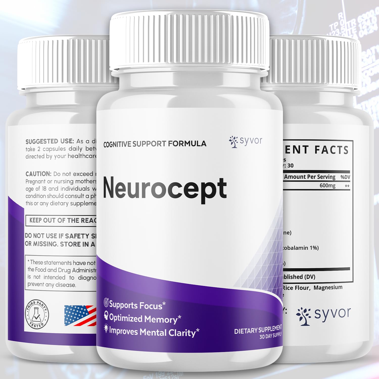 (3 Pack) Neurocept Capsules, Official Neurocept Brain Supplement Pills with All Natural Ingredients, Advanced Formula Support Pills with Max Strength Premium Vitamins for Women & Men (180 Capsules)