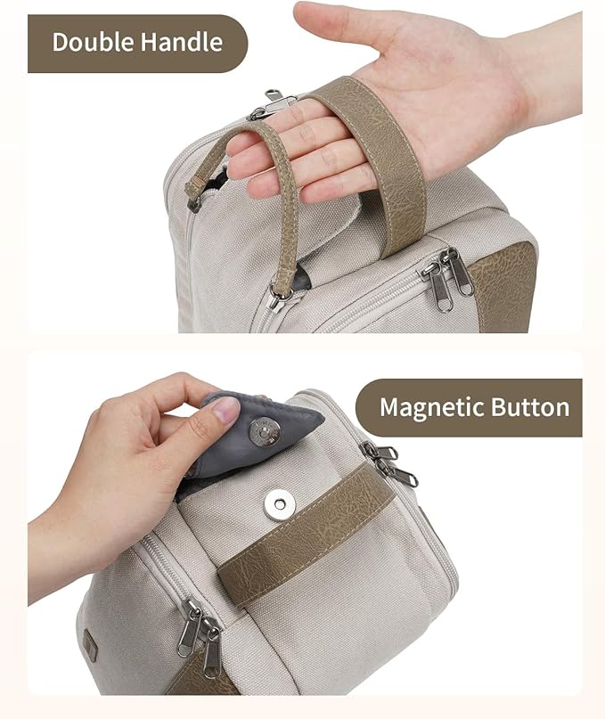 WANDF Toiletry Bag for Men Travel Toiletry Organizer Canvas and Leather Dopp Kit Water-Resistant Shaving Bag for Travel Accessories (Cream Beige, Large)