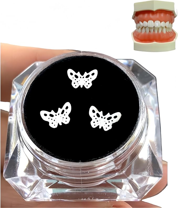 Tooth Gems Silver Alloy Ultra-Thin 3-Pack Reusable Trendy Spider Butterfly Rabbit Multi-Use Women Party Nail Art (Silver,Butterfly B)