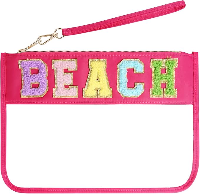 Chenille Letter Bag, Multi-purpose Nylon Clear Makeup Cosmetic Bags Flat Pouches with Zipper for Travel, Gym, Beach (Rose Red-Beach)
