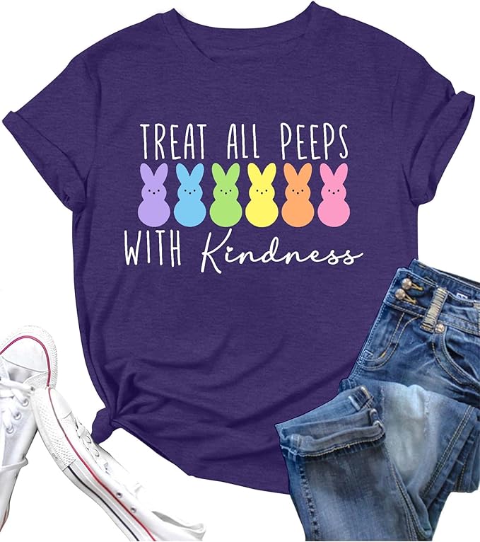 LAZYCHILD Women Easter Teacher Shirts: Funny Treat All with Kindness T-Shirt Bunny Rabbit Tee Tops