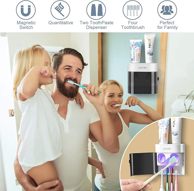 Boperzi Dustproof Cover Toothbrush Holder Wall Mounted Automatic Dispenser for Shower Bathroom Set with 2 Toothpaste Squeezers(No Electric, No Light)
