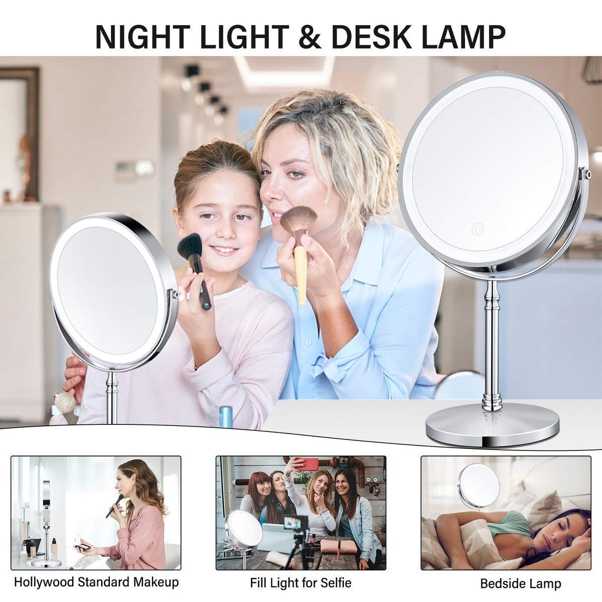 AMZTOLIFE 8" Lighted Makeup Mirror, 10X Makeup Mirror with Lights, Double Sided Dimmable Magnifying Mirror with Light, Rechargeable and Brightness Adjustable, Cordless Vanity Mirror with Lights