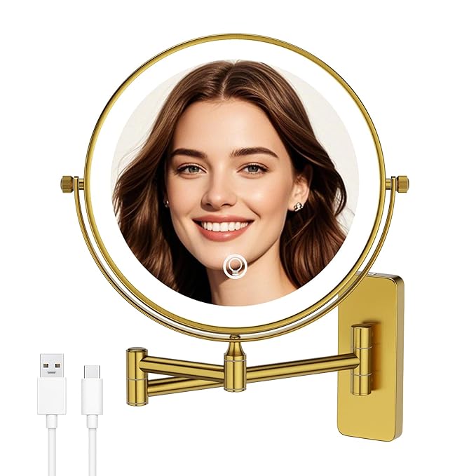8" Wall Mounted Lighted Makeup Mirror, Rechargeable 1&7X Magnifying Mirror with Light, | 3 Color LED Lighting & Touch Control | 360° Rotation & Extended Arm Wall Mounted Makeup Mirror M1406DGJ(8",7X)