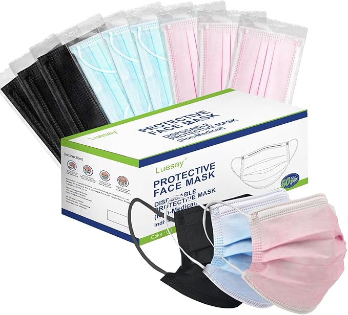 50PCS Disposable Masks Individually Packed 3-Layer Protection Suitable for Adults Elderly and Children.