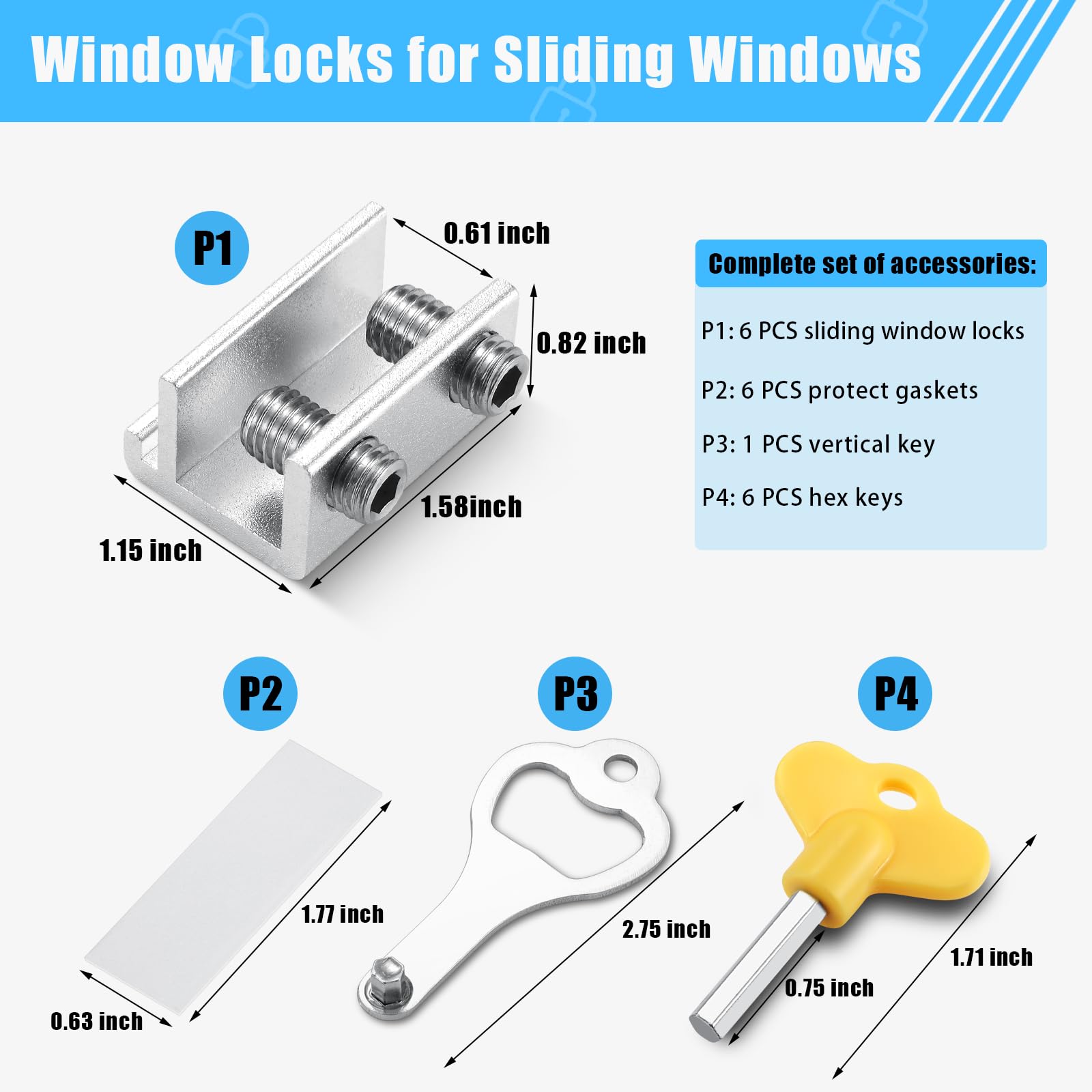 HYIEOU Sliding Window Locks (6 Sets), Secure Window Lock with Key, Window Locks for Up and Down Windows & Horizontal Sliding Windows, Adjustable Window Lock, Sturdy and Durable, Does Not Deform.