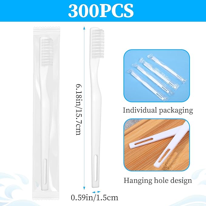 300 Pack Individually Wrapped Disposable Toothbrush Bulk Single Use Toothbrush with Soft Bristle for Homeless Women Men Adult Travel Hotel Guest Room (White)
