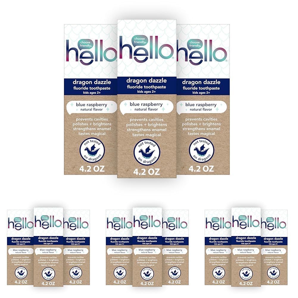Hello Dragon Dazzle Blue Raspberry Kids Toothpaste, Fluoride Toothpaste, Ages 2+, No Artificial Sweeteners, No SLS, Gluten Free, Vegan, Pack of 12, 4.2 OZ Tubes
