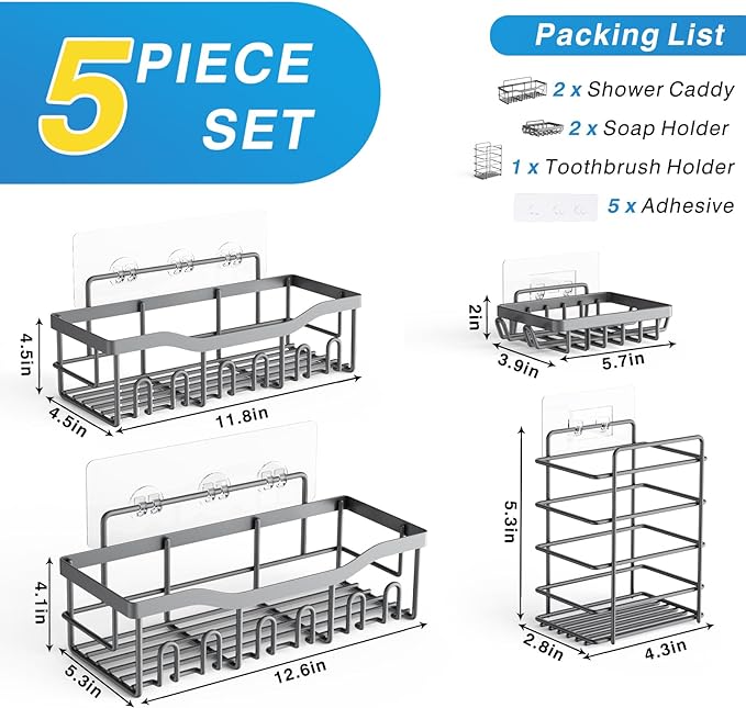 EUDELE 5-Pack Rustproof Stainless Steel Shower Caddy – No Drill Adhesive Bathroom Organizer with Large Capacity, Spacious Shower Shelves for Inside Shower, Kitchen & Home Decor Storage-XL Size
