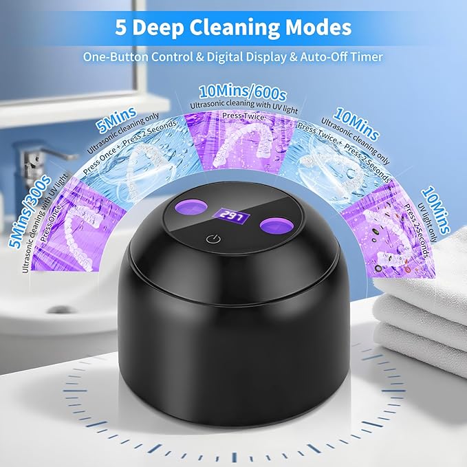 Ultrasonic Retainer Cleaner Machine, 45kHz Dental Ultrasonic Cleaner for Denture, Mouth Guard, Aligner, Braces, Toothbrush Heads, Jewelry, 5 Modes Cleaning, Digital Timer & 200ML Capacity