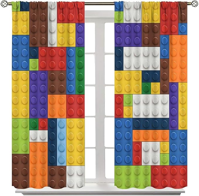 Kids Boy Curtain Blocks Toy Abstract Outline Colorful Geometric Brick Print Curtain for Boys Girls Nursery Room Curtains 52x84 Inch 2 Panels(Decor Curtains